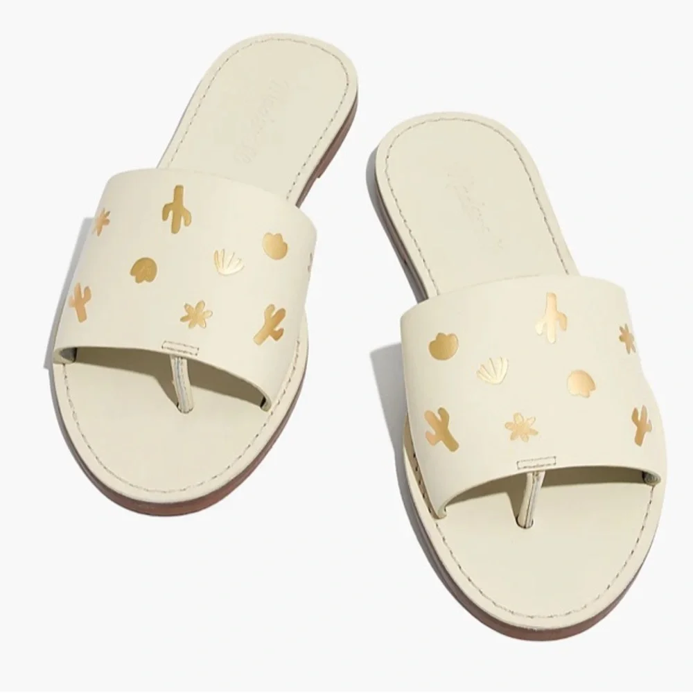 Madewell The Boardwalk Post Slide Sandal: Cactus Embossed Edition Gold Details